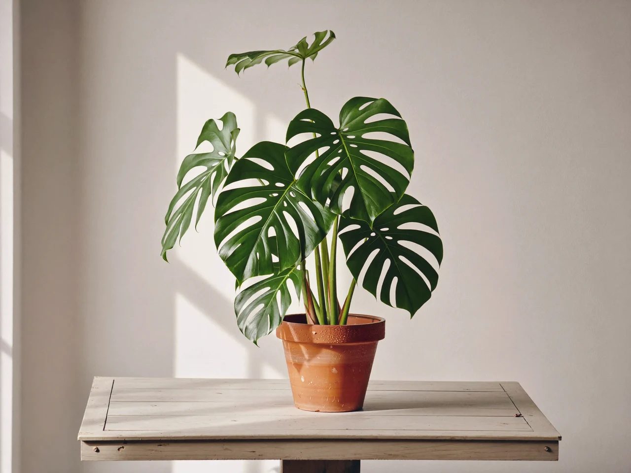 Monstera deliciosa v terakotovém květináči na světlém dřevěném stole