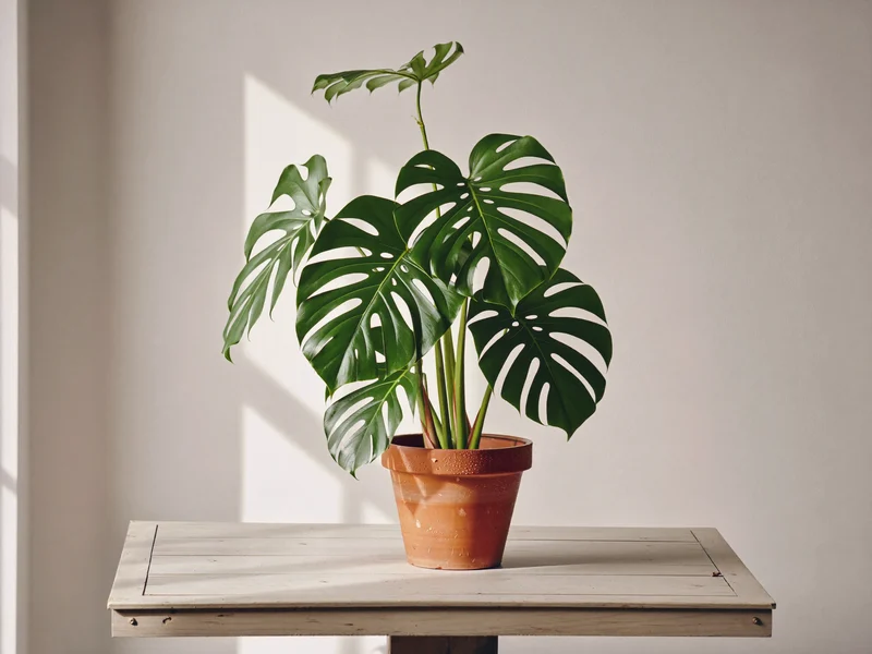 Monstera deliciosa v terakotovém květináči na světlém dřevěném stole